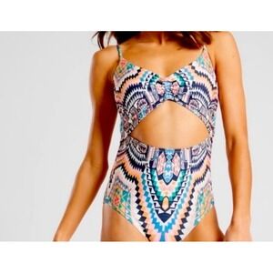 Cutout One Piece Swimsuit Geometric Print Colorful Swimwear‎ Beach Pool Party